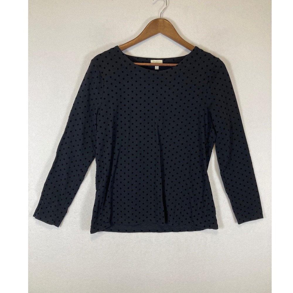 Classic Preppy Talbots Women Size M Black Flocked Polka Dot Long Sleeve Top